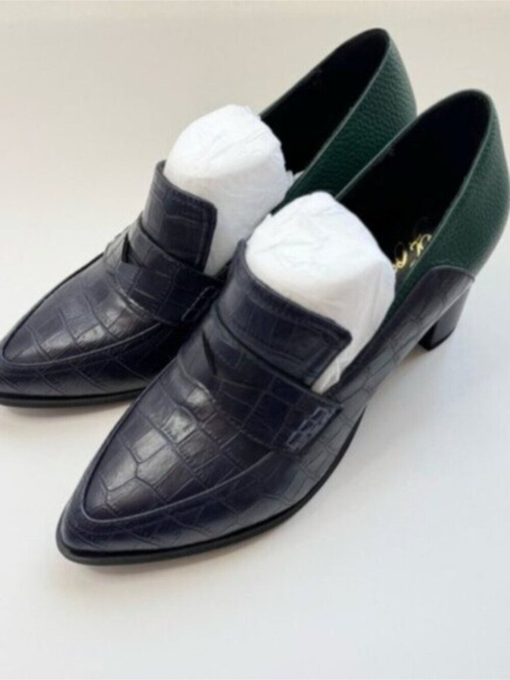 Womens loafers high heel block pump blue green Size 7 FOWT